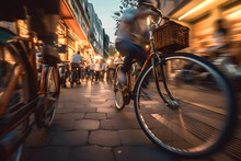 Bicycles On A Crowded City Long-exposure Photography. Generative AI