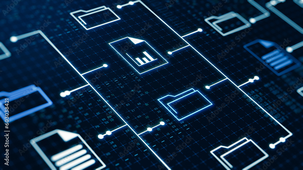 futuristic holographic interface of a file manager, folder structure ...