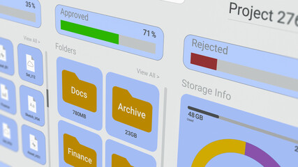 Sticker - dashboard document management system software, charts and statistics on documents, corporate business, digital documents storage and organizations, paperless office, cloud computing (3d render)