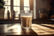 Coffee and milk drink. Healthy banana protein shake drink in a glass with straw.  Generative AI