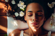 Spa and beauty concept. Portrait of a young woman laying down on massage table. Relax, wellbeing and self care. Generative AI