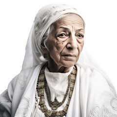 Adult Emirati woman in UAE traditional outfit showing a variety of hand gesture. grandmather portrait Generative AI