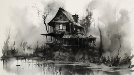 Sticker - Scary horror mystical house in black and white colors