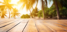 Empty Wooden Table And Palm Leaves With Party On Beach Blurred Background In Summer Time, Copy Space Of Summer Vacation,
Blur Beautiful Nature Green Palm Leaf, Generative AI 
