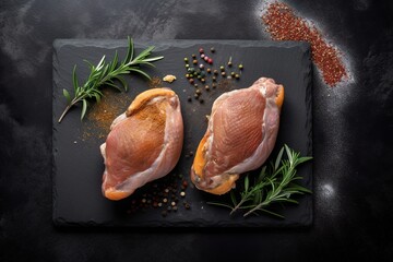 An image showing two raw guinea fowl tenderloins dressed and seasoned with herbs and spices on a grey background - AI Generative