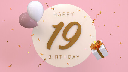 Wall Mural - Elegant Greeting celebration 19 years birthday. Happy birthday, congratulations poster. Golden numbers with sparkling golden confetti and balloons. 3d render illustration.