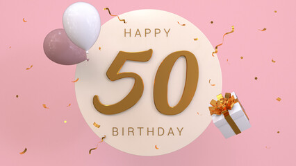 Wall Mural - Elegant Greeting celebration 50 years birthday. Happy birthday, congratulations poster. Golden numbers with sparkling golden confetti and balloons. 3d render illustration.