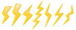 Glossy yellow lightning bolts signs isolated on white background. 3D rendered image.