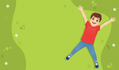 Smiling cute boy lying on grass. Summer happy children day background isolated vector illustration