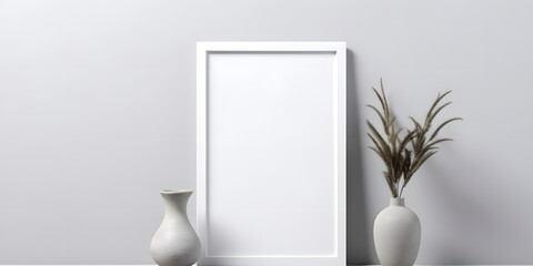 Blank picture frame mockup on white wall,Generative AI.