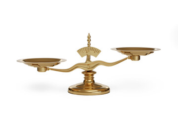golden uneven balance scales isolated on white background. 3d illustration.