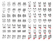 Cartoon face and blink eyes animation and giggle look emoji vector spread sheet. Smile eye emoticons and funny comic emoji in animated spreadsheet, happy smiling, scared, sad and tired eye characters