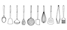 Kitchen, Tools, Utensil, Kitchenware Sketch. Hand Drawn Sketches. Vector Illustration. Spatula, Ladle, Tongs, Whisk, Slotted Spoon, Kitchen Brush Hand Drawing Illustration.
