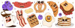 Trendy sticker set with funky food characters. Branding mascots for cafe, restaurant, bar. Fresh pastries, pretzel, croissant, French toast, coffee, pancakes, waffles, bacon, eggs, sausage.