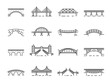 Line bridge icons, viaduct arches over river or railway road bridges, vector symbols. Building and construction outline icons of suspension bridge or city drawbridge and tower gate architecture