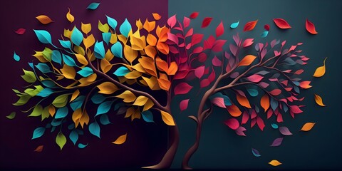 colorful tree with leaves on hanging branches of blue, white and golden illustration background. 3d 