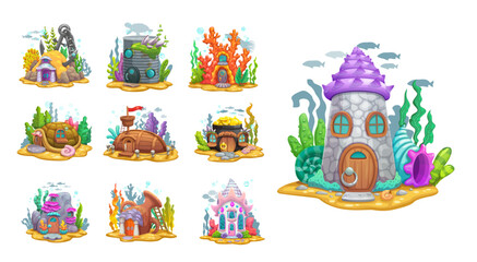 Wall Mural - Underwater cartoon fairy house buildings for game assets, vector undersea home dwellings. Mermaid fish or marine creature houses in coral reef, wooden boat, shell and pot home with doors and windows