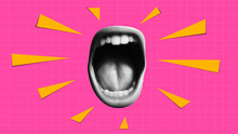 Punk Collage. Halftone-style Mouth Open In A Scream. Triangles Fly Out Of It Like An Abstract Sound. Bright Red Checkered Background. Grunge Y2k Vector Banner.