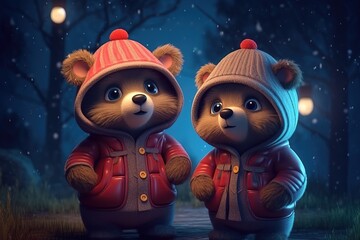 Wall Mural - a cute adorable two baby bears with coats, by night vith light in nature rendered in the style of children-friendly cartoon animation fantasy style 3D style Illustration created by AI