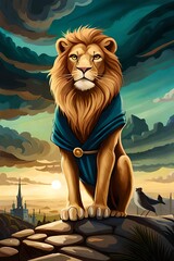 Wall Mural - Portrait of Brutal lion as a businessman or king, Generative AI