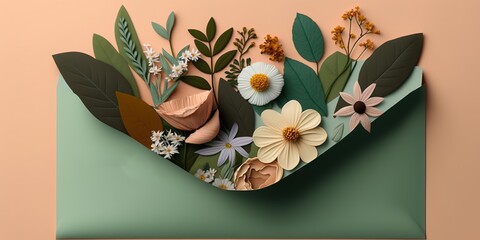 Wall Mural - flowers in a colourful envelope on a flat lay backdrop generative ai