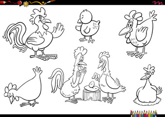 Canvas Print - cartoon chickens farm animal characters set coloring page