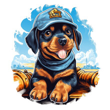 An Adorable Plumber Rottweiler Dog T-shirt Design, The Dog Is Peeking Out Of A Pipe With Its Tongue Out And Wearing A Yellow Hard Hat, The Background Is A Construction Site With A Blue , Generative Ai