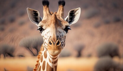 Wall Mural - Portrait of a South African giraffe's face, showing its long neck and large, alert eyes. Generative AI