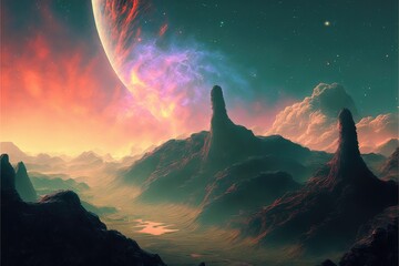 Wall Mural - utopian dreamland landscape with sky of colorful nebula. distinct generative ai image.