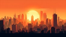 Illustration Of City Silhouette, Lot Of High Rise Building Sunset Background Orange Sky Artistic. Generative AI Technology.