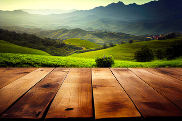 Wall Mural - Empty wooden table top with view of tea plantation and mountain. Nature with bokeh background for product placement or montage with focus to the table top. Generative ai.