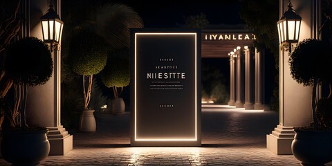 generic outdoor night shot of luxury resort or hotel like reception and fine dining restaurant with blank empty signboard mockup - Generative AI