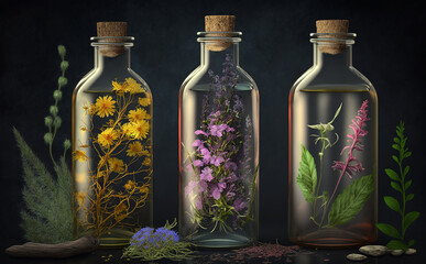 Herb oil bottles homeopathy herbs. Generative AI,