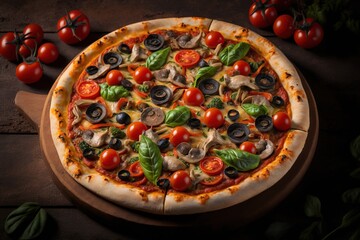 Wall Mural - Close-up of the front delicious pizza topped with mushrooms, tomatoes, peppers, and olives Generative AI