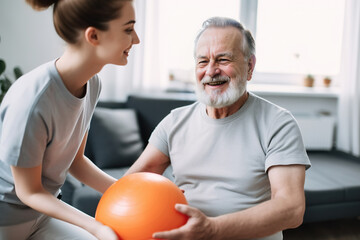 a woman holding an exercise ball next to an older man