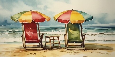 Poster - background resort relax umbrella beach travel chair watercolor rest summer vacation. Generative AI.