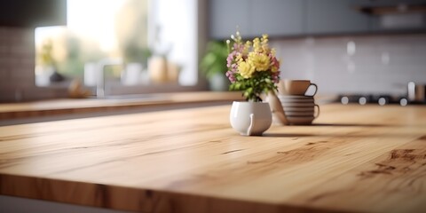 Wooden table top on blur kitchen room background,Modern Contemporary kitchen room interior