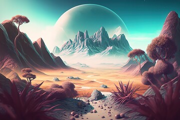 Wall Mural - amazing sci-fi artwork of an extraterrestrial planet's scenery, complete with mountains, vegetation,