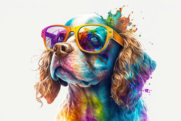 Wall Mural - cartoon colorful dog with sunglasses on white background. created with generative ai