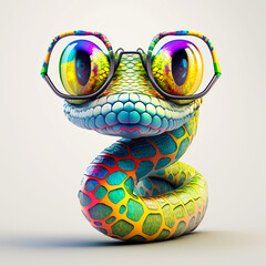 Cartoon colorful snake with sunglasses on isolated background. Created with generative ai