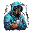 A professional t-shirt design featuring a Rottweiler veterinarian in a modern and sleek style, wearing scrubs and holding a clipboard, against a clean and minimalist background, Generative Ai