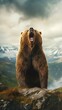 Kodiak Bear Standing Tall on its Hind Legs against the Backdrop of Rugged Alaskan Wilderness. Generative ai