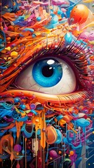 Wall Mural - abstract eye illustration covered by a huge variety of colorful objects in a dreamlike style. genera