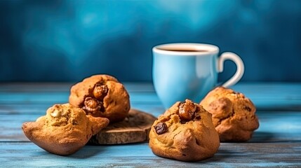 Butter cookies with cup of coffee on wooden table on blue background. Generative ai