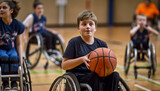 Fototapeta Zwierzęta - Smiling school children playing basketball indoors together generated by AI