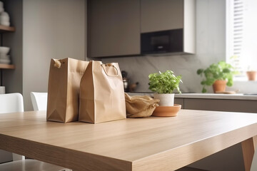 Paper shopping bags on wooden countertop in kitchen. Generative AI illustration