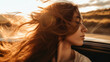 Brünette Frau mit wehenden Haaren im offenem Auto, Abendsonne, Generative AI