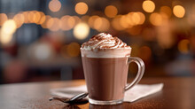 A soft focus image of a cup of hot chocolate with shallow depth of field and blurred surroundings, creating a cozy atmosphere.