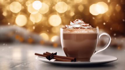 A soft focus image of a cup of hot chocolate with shallow depth of field and blurred surroundings, creating a cozy atmosphere.