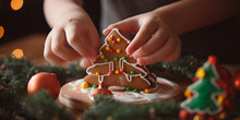 Close Up Child Hands Decorating Xmas Cookie. Festive Christmas Cookies